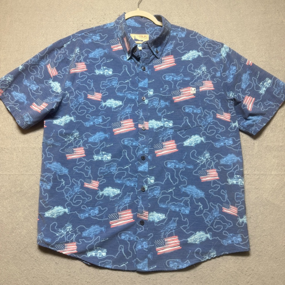 Huk Fishing Mens Blue American Flag Bass Fish Short Sleeve‎ Button Down Shirt L